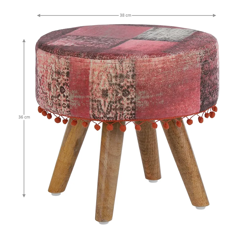Pouf decoratif assise WOMO-DESIGN 38x36 cm rouge ronde rembourre tissu pieds bois style boheme