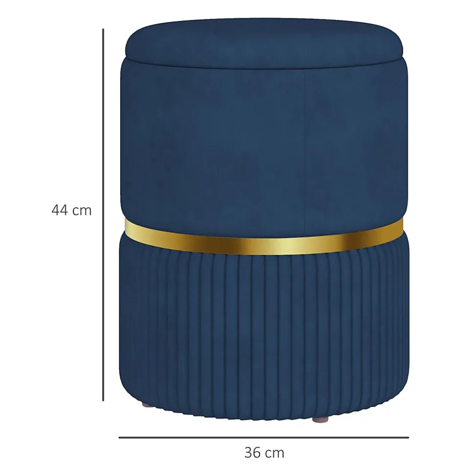 Pouf repose-pied tabouret design avec coffre de rangement velours côtelé acier brossé doré bleu foncé