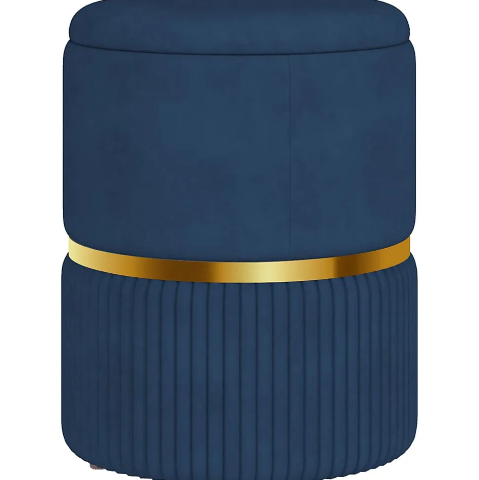 Pouf repose-pied tabouret design avec coffre de rangement velours côtelé acier brossé doré bleu foncé
