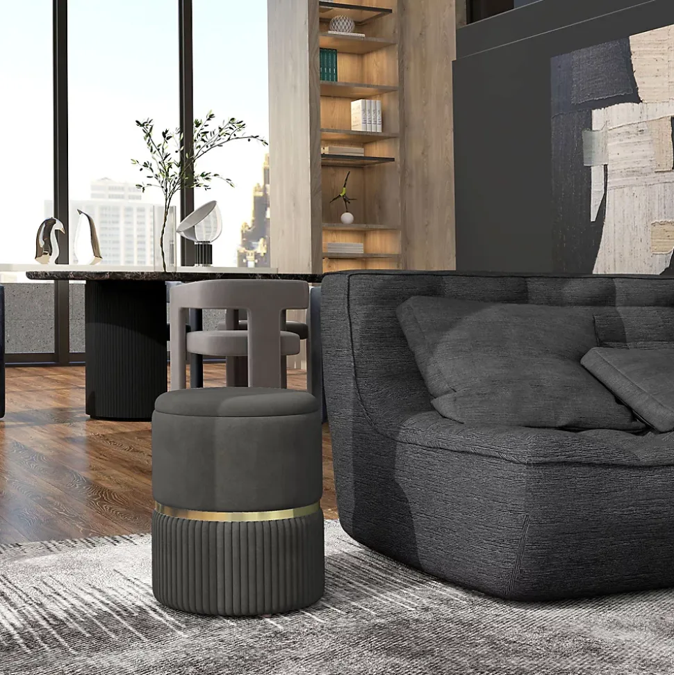 Pouf repose-pied tabouret design avec coffre de rangement velours côtelé acier brossé doré gris