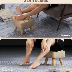 Pouf repose-pieds style nordique piètement bois incliné tissu assise effet capitonné marron