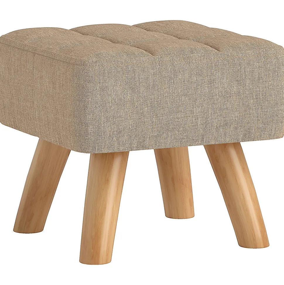 Pouf repose-pieds style nordique piètement bois incliné tissu assise effet capitonné marron