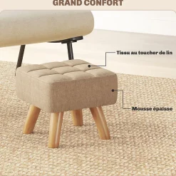 Pouf repose-pieds style nordique piètement bois incliné tissu assise effet capitonné marron