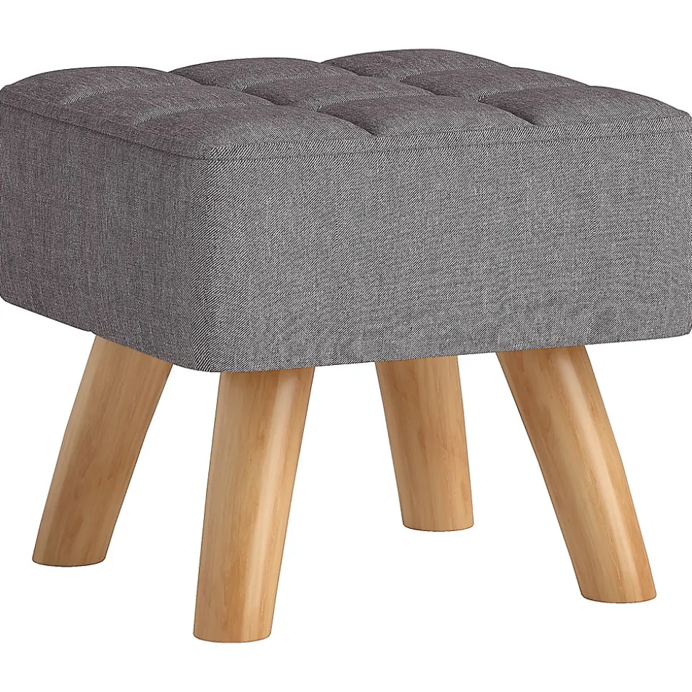 Pouf repose-pieds style nordique piètement bois incliné tissu assise effet capitonné gris