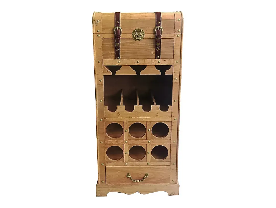 Range bouteilles avec coffre en bois de sapin et MDF - L.43 x H.100 cm - Naturel - CAVINA