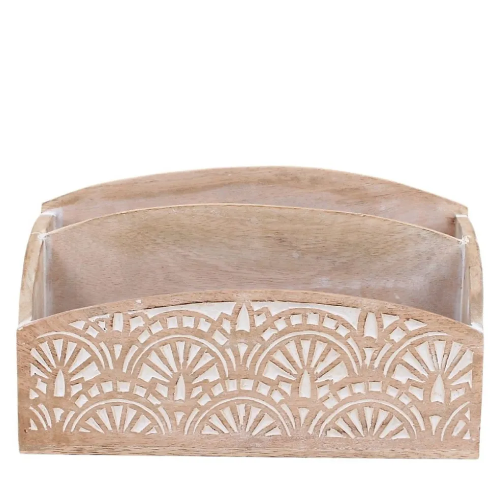 Rangement bureau en manguier gravé et cérusé 31x18cm