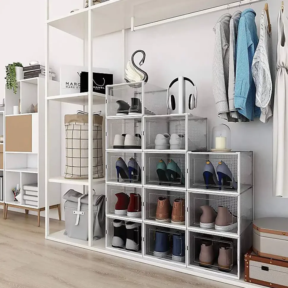 Rangement chaussures - Boites à chaussures - Grand format - Blanc et transparent - Lot de 12