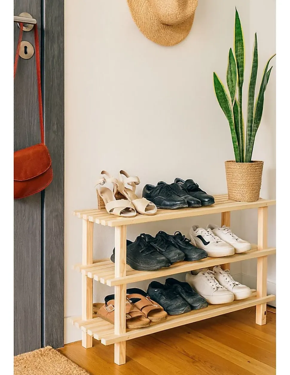 Rangement chaussures en pin naturel Étagère 3 niveaux
