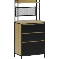 Rangement de cuisine - buffet style industriel 3 tiroirs, plan de travail, étagère, 4 crochets - métal effet bois noir clair
