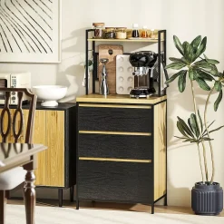 Rangement de cuisine - buffet style industriel 3 tiroirs, plan de travail, étagère, 4 crochets - métal effet bois noir clair