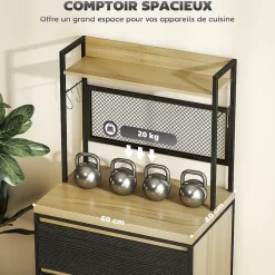 Rangement de cuisine - buffet style industriel 3 tiroirs, plan de travail, étagère, 4 crochets - métal effet bois noir clair
