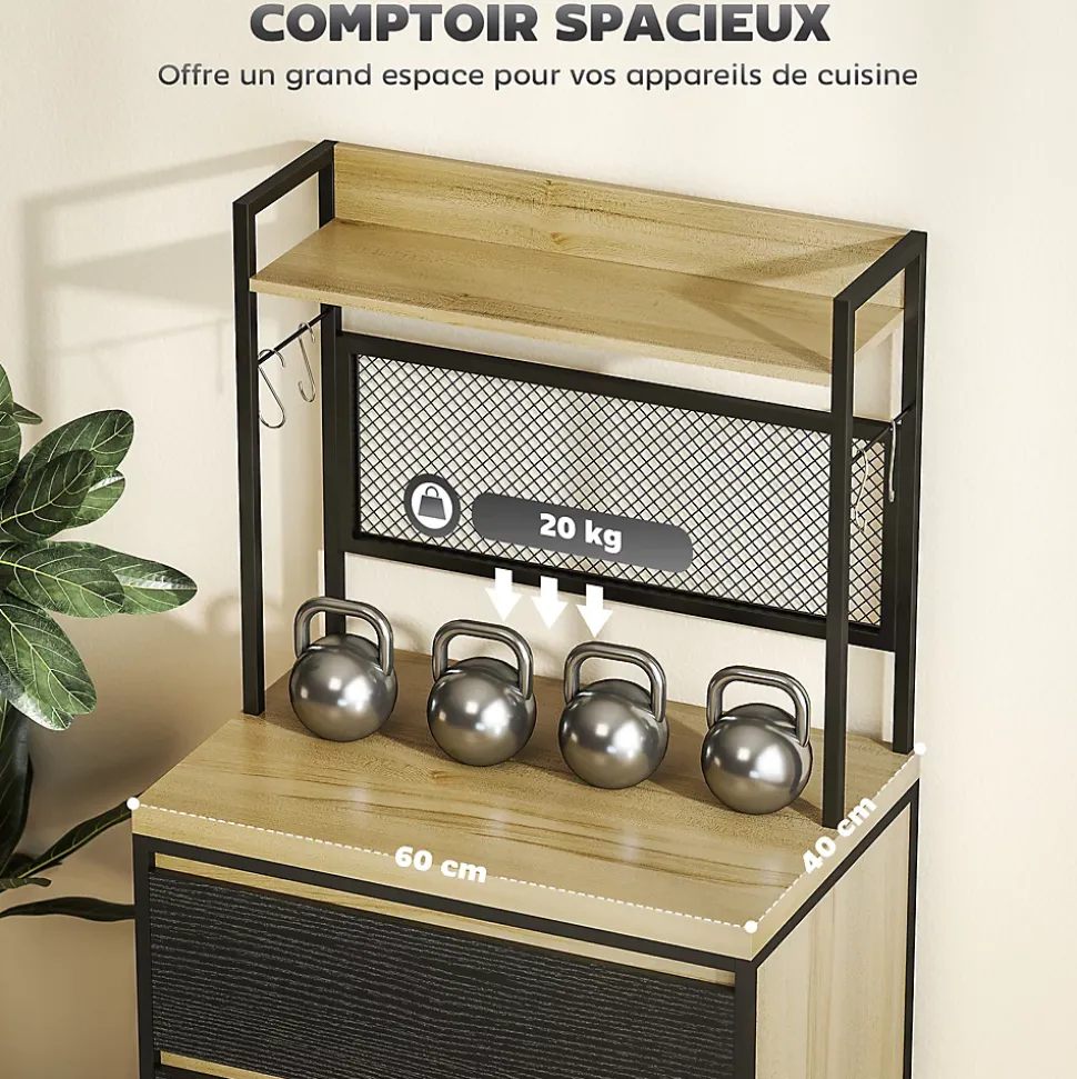 Rangement de cuisine - buffet style industriel 3 tiroirs, plan de travail, étagère, 4 crochets - métal effet bois noir clair