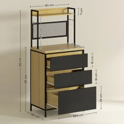 Rangement de cuisine - buffet style industriel 3 tiroirs, plan de travail, étagère, 4 crochets - métal effet bois noir clair