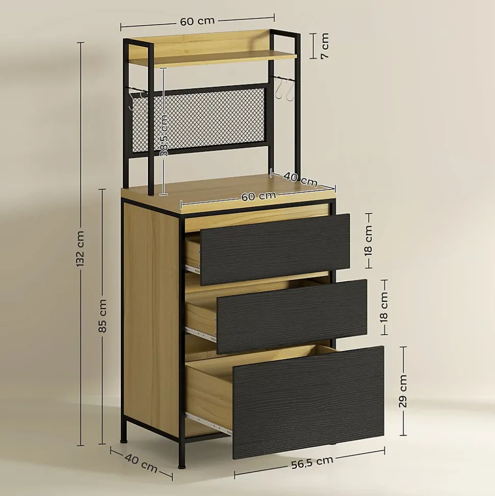 Rangement de cuisine - buffet style industriel 3 tiroirs, plan de travail, étagère, 4 crochets - métal effet bois noir clair