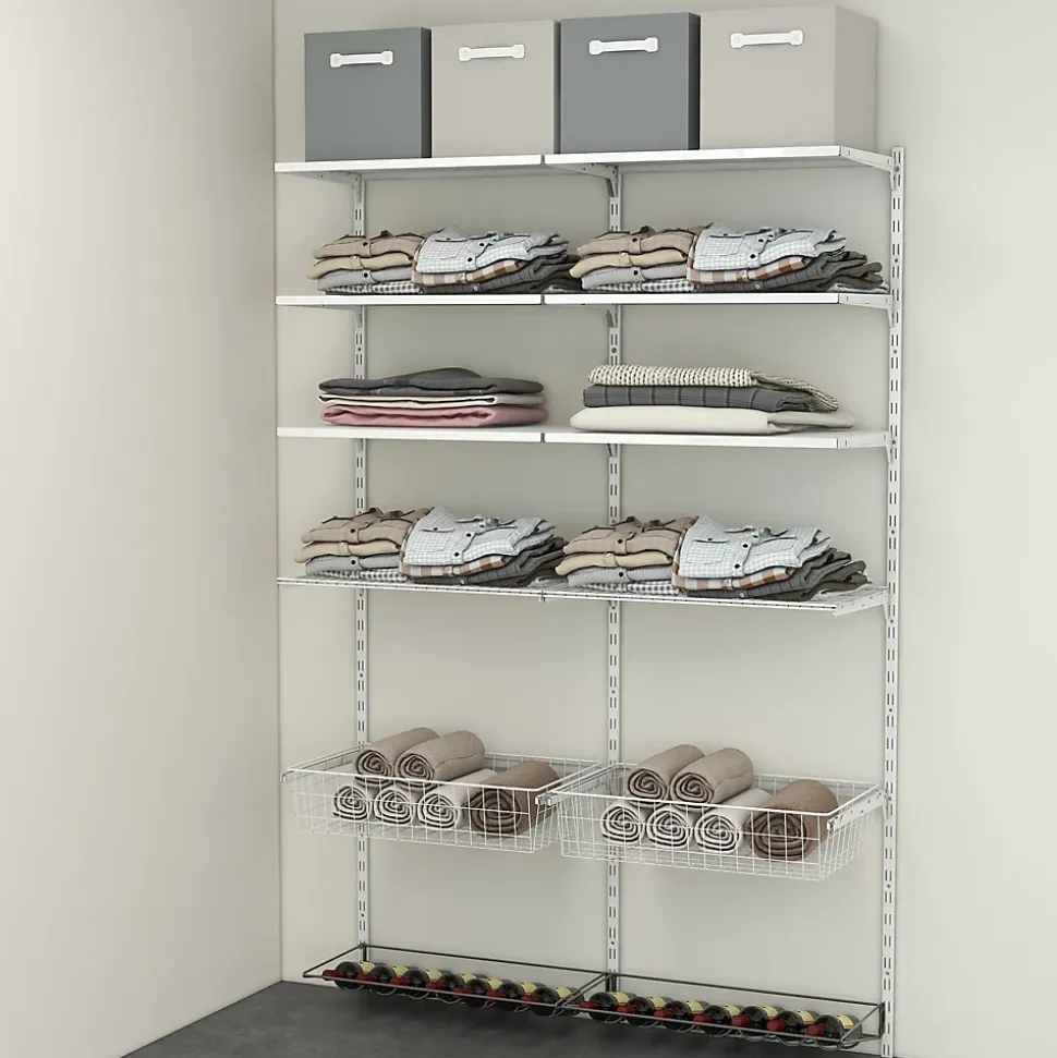 Rangement ouvert mural 2 colonnes avec 2 paniers, 2 tablettes filaires et 2 range bouteilles H. 200 x L. 132 x P. 40 cm