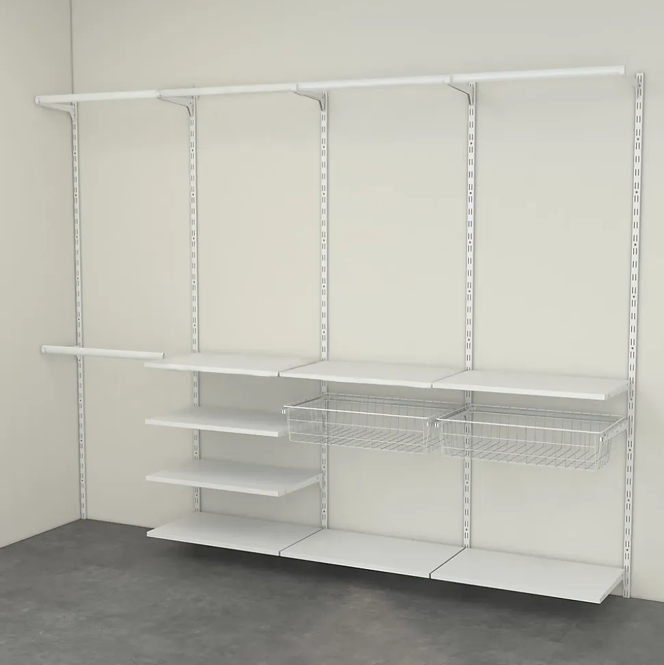 Rangement ouvert mural 4 colonnes avec penderie et 2 paniers H.200 x L.264 x P.40 cm