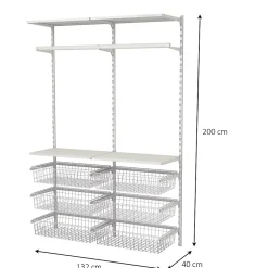 Rangement ouvert mural 2 colonnes avec penderie et 6 paniers H.200 x L.132 x P.40 cm