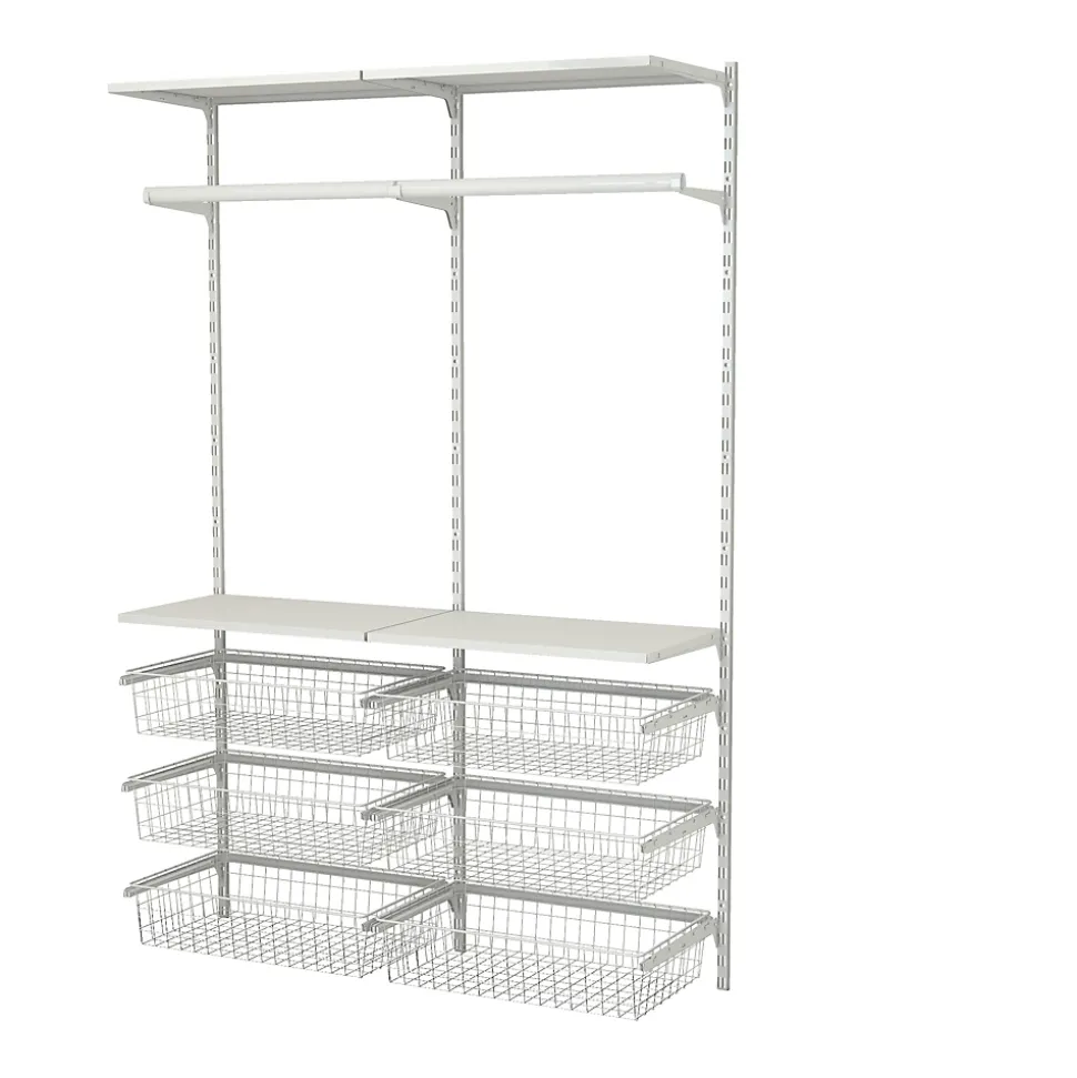 Rangement ouvert mural 2 colonnes avec penderie et 6 paniers H.200 x L.132 x P.40 cm