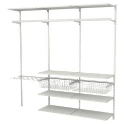 Rangement ouvert mural 3 colonnes avec penderie, porte-pantalon et 2 paniers H.200 x L.198 x P.40 cm