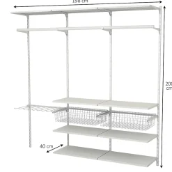 Rangement ouvert mural 3 colonnes avec penderie, porte-pantalon et 2 paniers H.200 x L.198 x P.40 cm