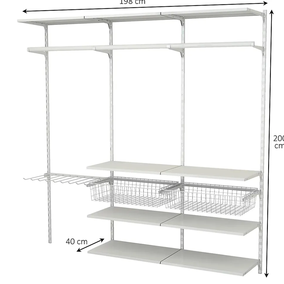 Rangement ouvert mural 3 colonnes avec penderie, porte-pantalon et 2 paniers H.200 x L.198 x P.40 cm