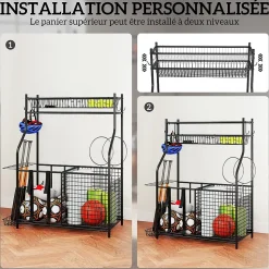Rangement pour équipements sportifs - support de rangement pour ballon - multi-rangement - métal noir