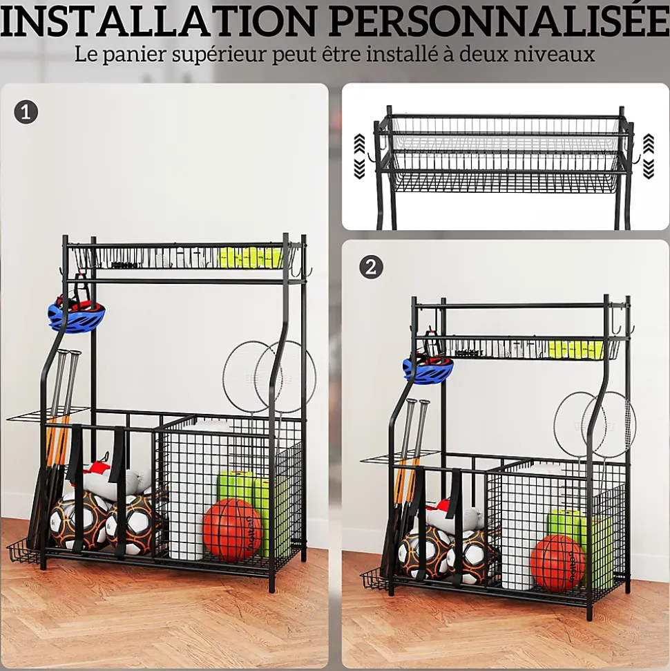 Rangement pour équipements sportifs - support de rangement pour ballon - multi-rangement - métal noir