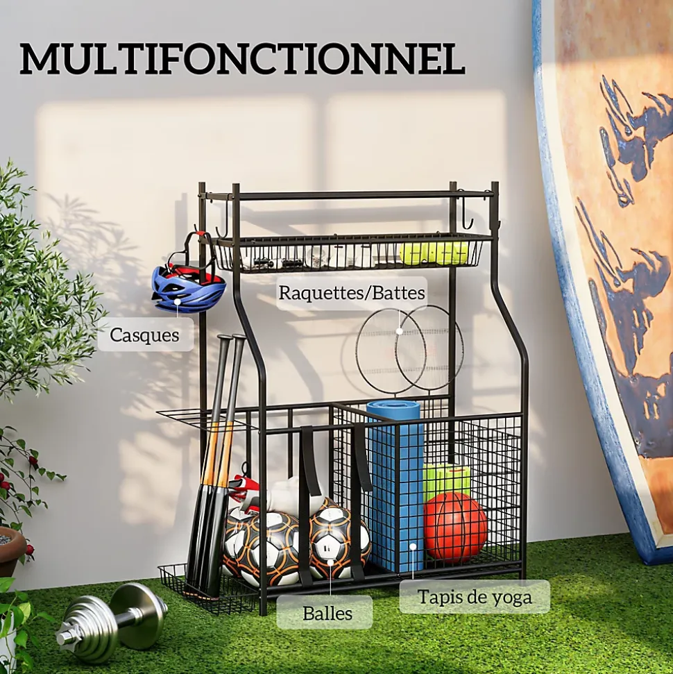 Rangement pour équipements sportifs - support de rangement pour ballon - multi-rangement - métal noir