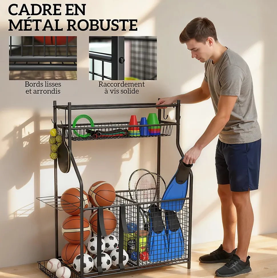 Rangement pour équipements sportifs - support de rangement pour ballon - multi-rangement - métal noir