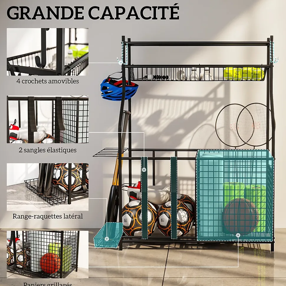 Rangement pour équipements sportifs - support de rangement pour ballon - multi-rangement - métal noir