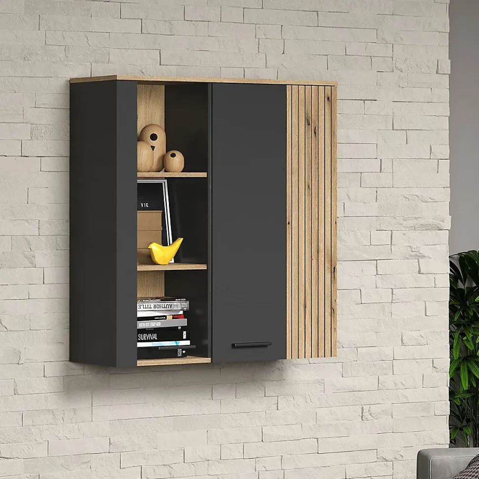 Rangement vitré suspendu, 2 portes dont une avec verre trempé L90 cm - Esteban