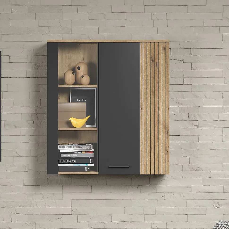 Rangement vitré suspendu, 2 portes dont une avec verre trempé L90 cm - Esteban