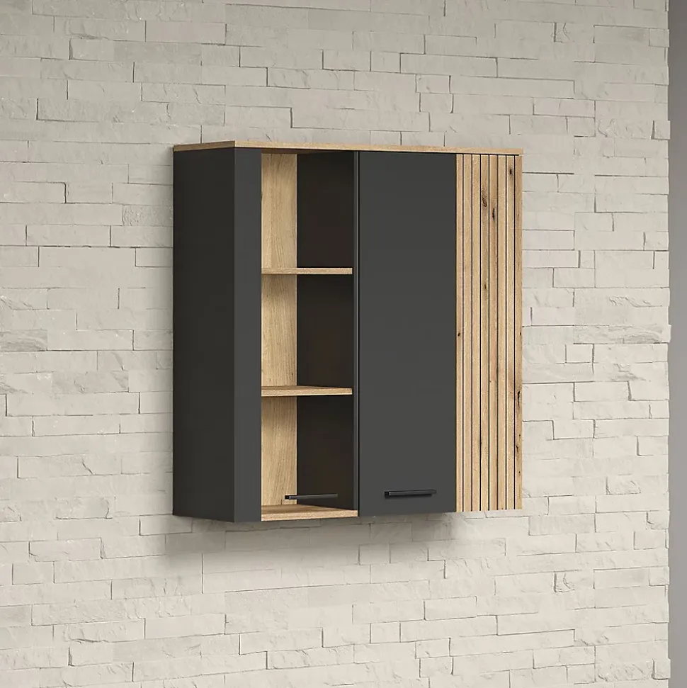 Rangement vitré suspendu, 2 portes dont une avec verre trempé L90 cm - Esteban