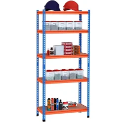 Rayonnage charges lourdes ou volumineuses - étagère garage - 5 tablettes réglables en hauteur - métal bleu orange MDF