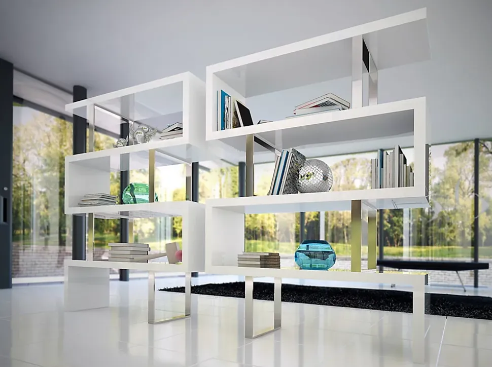 Rayonnage en Bois Blanc Brillant avec Connecteurs en Acier Inoxydable