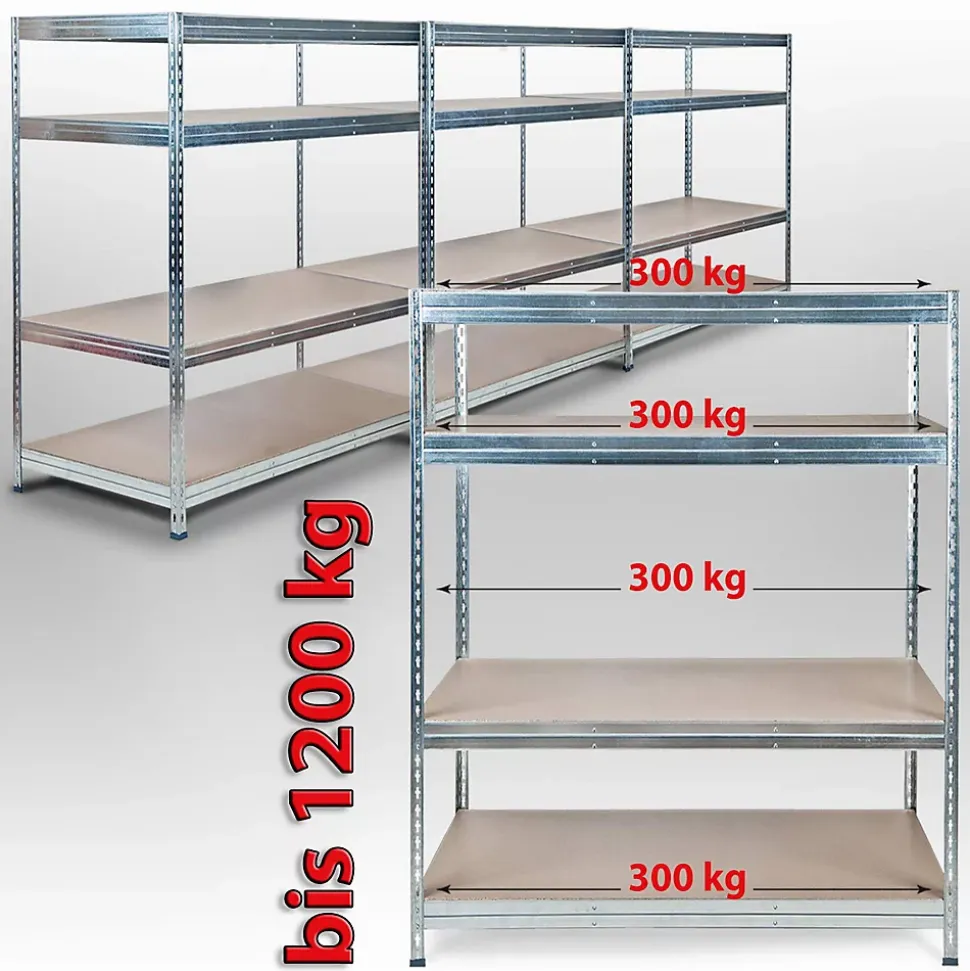 Rayonnage Étagère charge lourde Tôle d'acier 4 Étages Galvanisé 200 x 150 x 60 cm, Capacité de charge jusqu'à 1500 kg