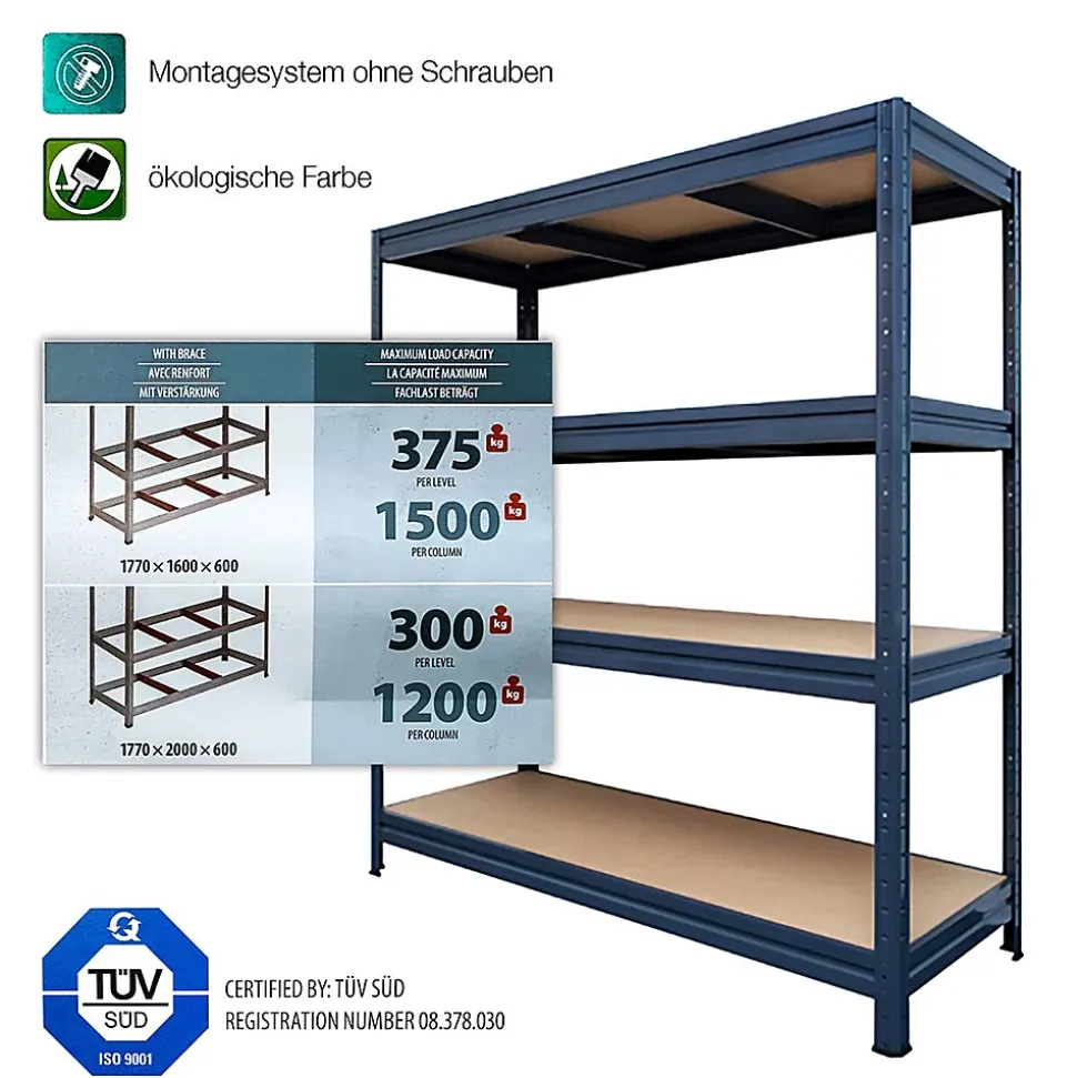 Rayonnage Étagère charge lourde Tôle d'acier 4 Étages Gris 177 x 160 x 60 cm, Capacité de charge jusqu'à 1500 kg