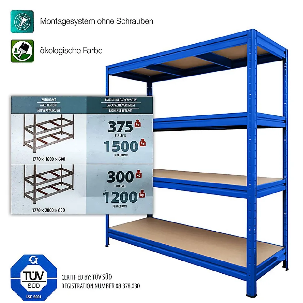 Rayonnage Étagère charge lourde Tôle d'acier 4 Étages Bleu 177 x 160 x 60 cm, Capacité de charge jusqu'à 1500 kg