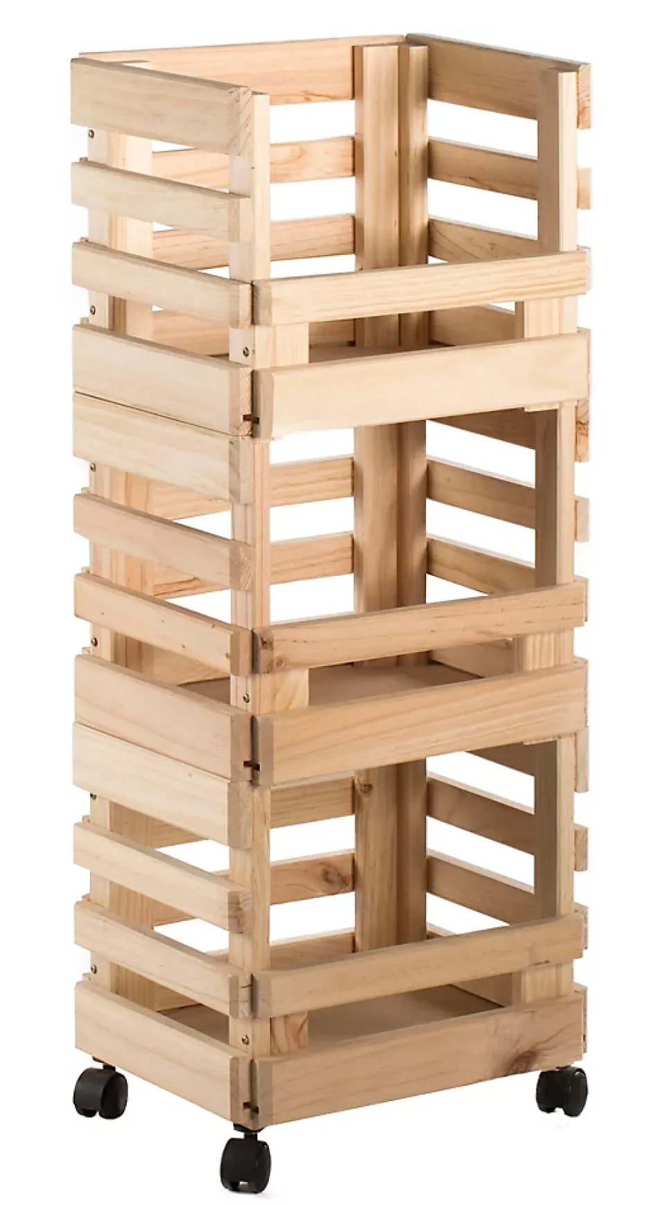 Resserre de trois caisses en pin empilables (90x38x30cm) avec 4 roulettes