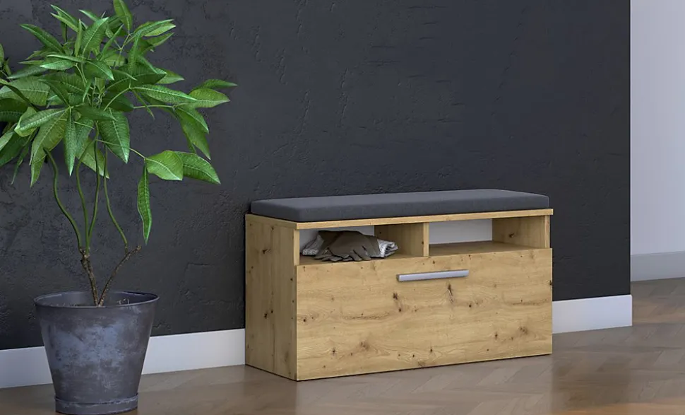 RIVI - Armoire à chaussures avec siège et rangement - 6 étagères - 46x85x35 cm - Chêne Artisan