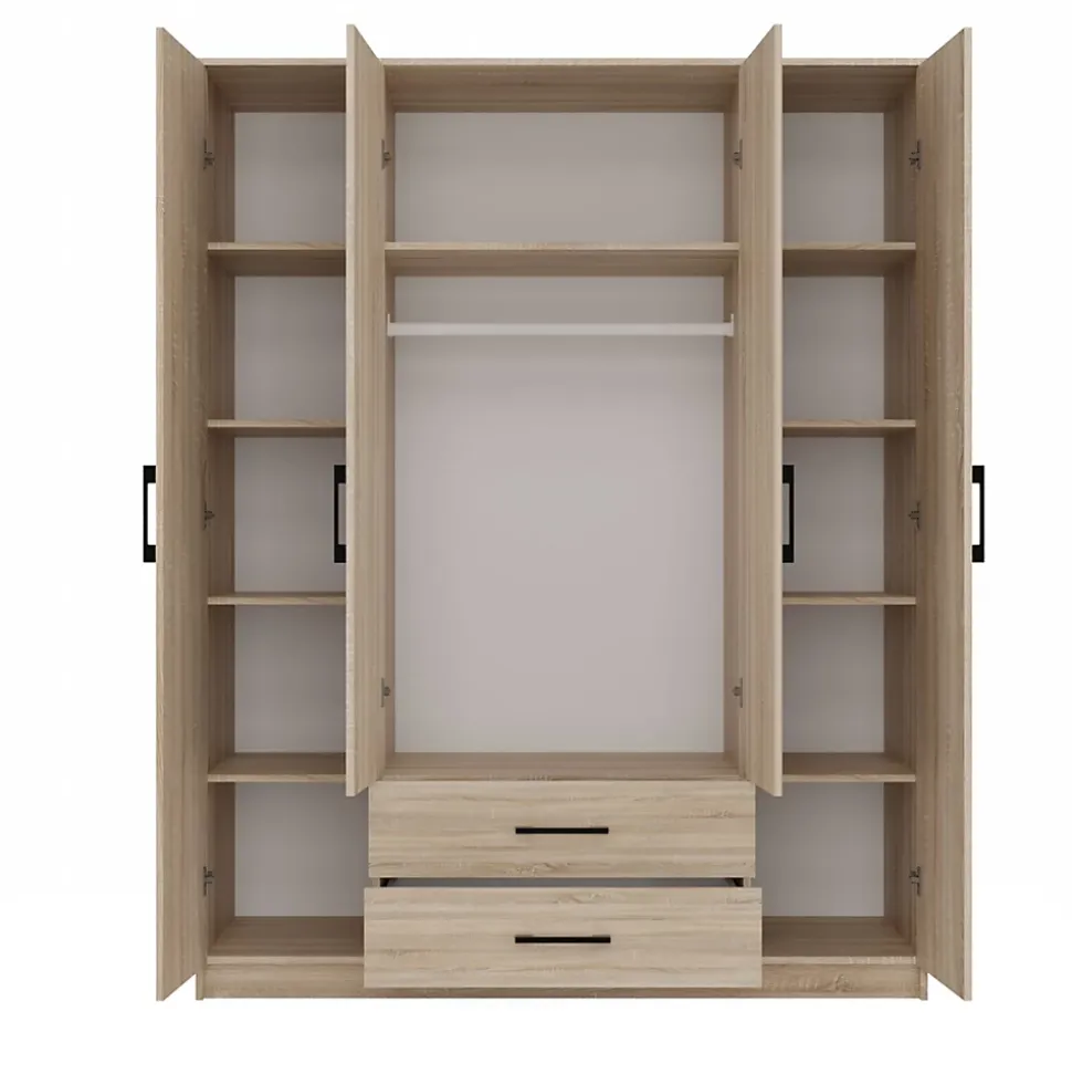 ROMA - Grande Armoire chambre bureau 205x160x52 cm - Penderie - 2 portes - 2 Miroirs - 2 tiroirs - Meuble de rangement