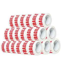Ruban adhésif d'emballage 28mic blanc imprimé "FRAGILE" en rouge - rouleau adhésif d'expédition 50 mm x 100 m - Carton de 36