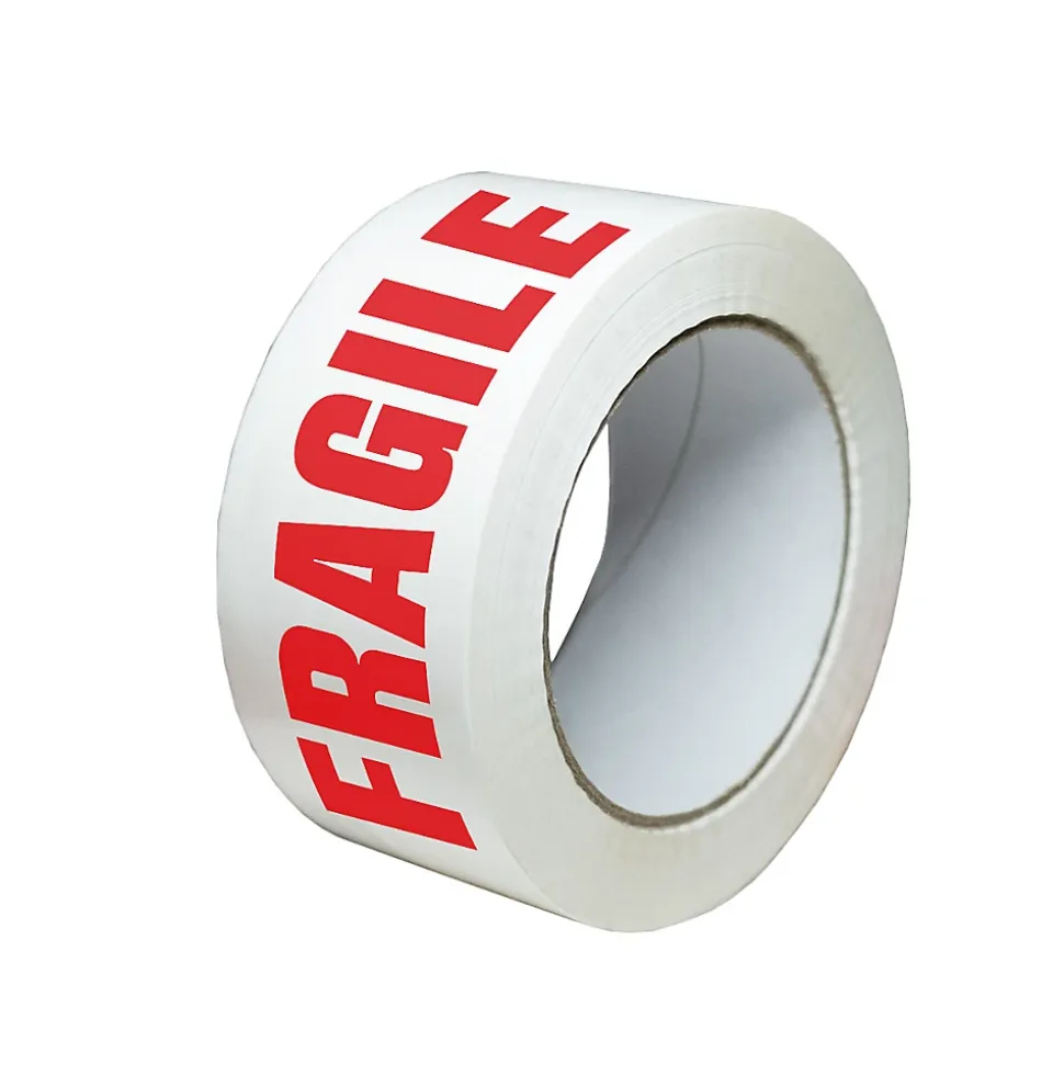 Ruban adhésif d'emballage 28mic blanc imprimé "FRAGILE" en rouge - rouleau adhésif d'expédition 50 mm x 100 m - Carton de 36
