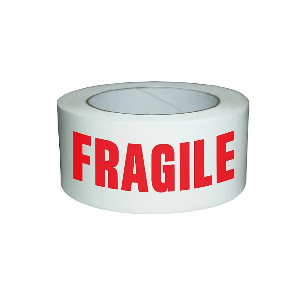 Ruban adhésif d'emballage 28mic blanc imprimé "FRAGILE" en rouge - rouleau adhésif d'expédition 50 mm x 100 m - Carton de 36