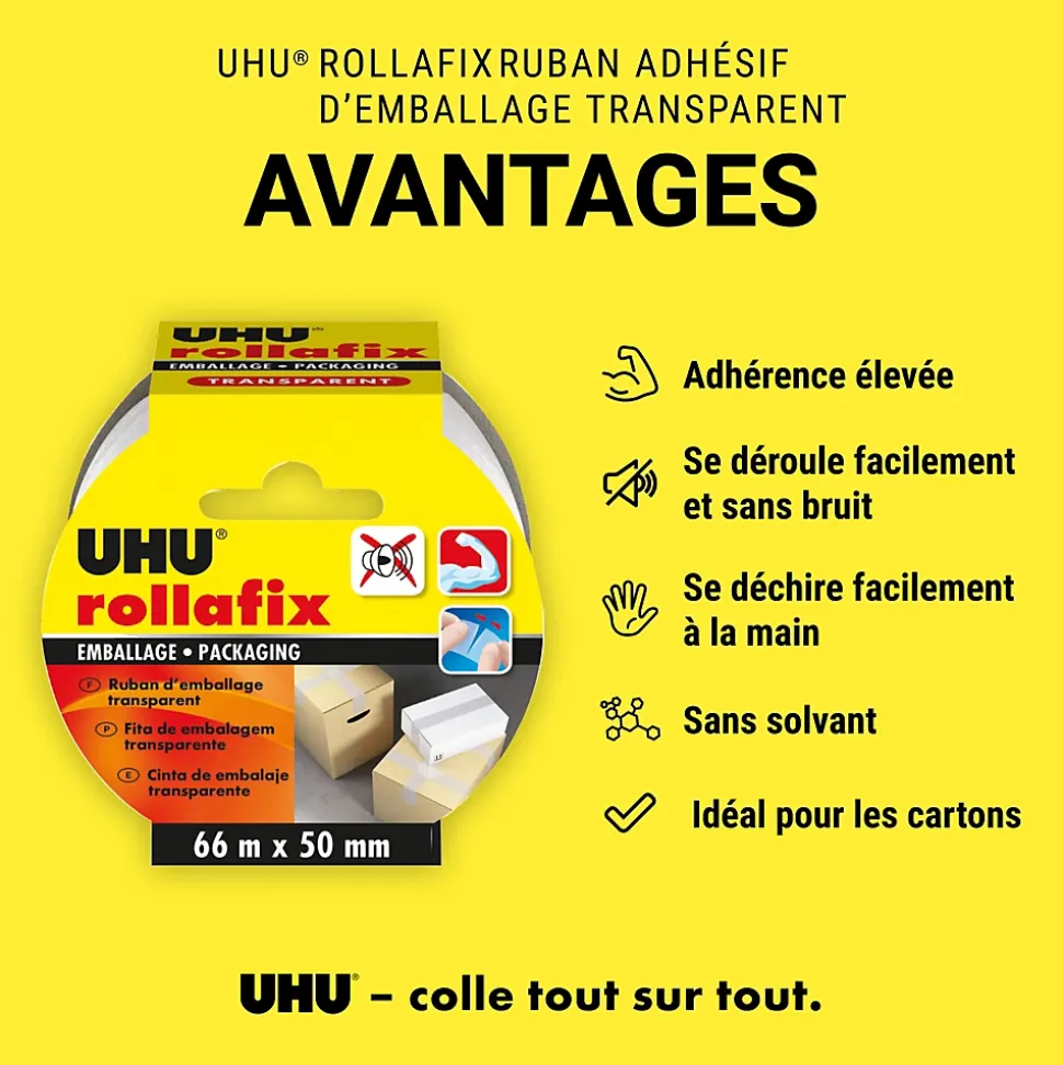 Ruban adhésif d'emballage Rollafix transparent 3 x 66 mm