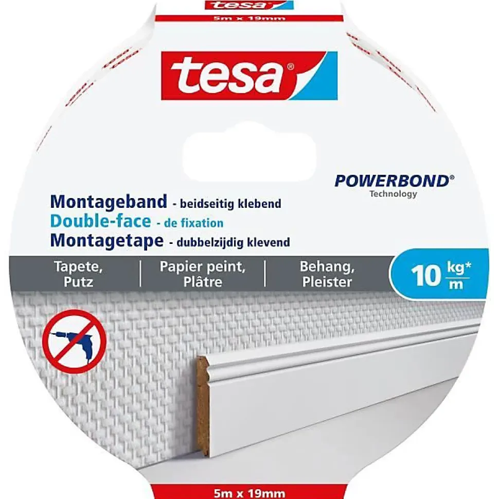 Ruban de fixation - TESA - Double-face - 5 m x 19 mm - Charge supportée : 10 Kg/m - Pour papier peint et plâtre