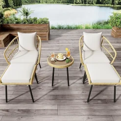 Salon de Jardin 5 Pièces, 2 Chaises, 2 Tabourets, Mobilier Extérieur pour Cours, Terrasses, Balcons, Bords Piscine, Naturel