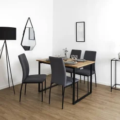 SERGIO - Ensemble Table en MDF et 4 Chaises en Tissu Gris Pieds Métal Noir