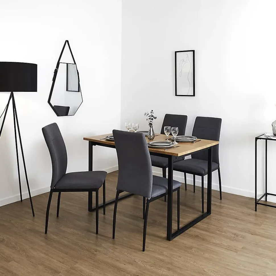 SERGIO - Ensemble Table en MDF et 4 Chaises en Tissu Gris Pieds Métal Noir