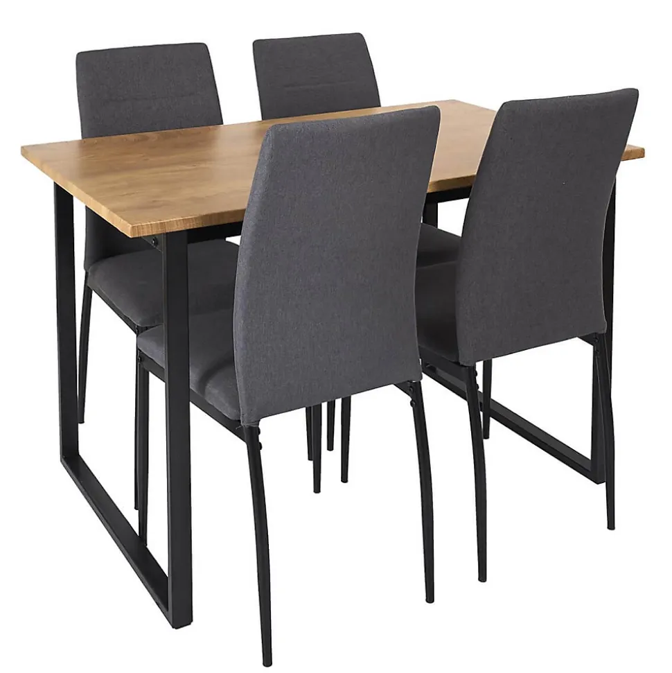 SERGIO - Ensemble Table en MDF et 4 Chaises en Tissu Gris Pieds Métal Noir